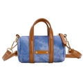 Mini cylinder denim crossbody bag for kids with stylish brown leather straps and gold trim - Blue