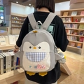 Light gray penguin-shaped cartoon backpack with blue plaid bib and plush pendant - Light Grey Medium With Pendant