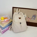 Sac à dos enfant beige en toile avec broderie ours mignon et poche à cordon pratique - Petit / Blanc Cassé