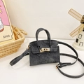Mini dark grey denim crossbody bag for kids featuring vintage gold metal turn lock - Black