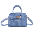 Blue denim mini crossbody bag for kids featuring vintage wash texture and gold metal clasp - Blue