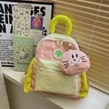 Pastel color block kids backpack with cute pink rabbit pendant in a school setting - Medium / Pink
