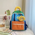 Blue and orange colorblock kids backpack with cute lion pouch and green round badge - Small / Blue