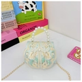 Detail van de blauwe geborduurde tas met parelhandvat en gouden ketting voor kids - Groen
