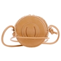 Kids minimalist round leather crossbody bag in light brown with golden chain - Khaki