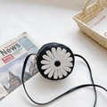Cute black round crossbody bag for kids featuring a large white daisy flower appliqué - Black