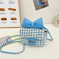 Bolso bandolera de tweed azul para niña con lazo grande de cuero y cadena - Azul