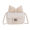 Kids plaid tweed crossbody bag with sweet leather bow and chain strap in cream white - Khaki