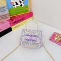 Lavender floral embroidered kids handbag with pearl handle and Chinese knot button - Purple With Frog Buttons