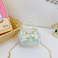 Light blue vintage kid crossbody bag with floral embroidery and pearl handle - Blue With Frog Buttons