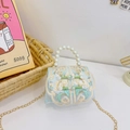 Light blue embroidered kids handbag with traditional Chinese knot and pearl handle - Green With Frog Buttons