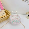 Pink vintage children shoulder bag with floral embroidery and white pearl handle - Pink