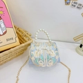 Light blue embroidered kids silk bag with pearl handle and traditional knot closure - Blue
