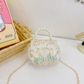 White satin embroidered Chinese style kids handbag with pearl handle and floral pattern - White