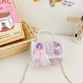 Bolso rosa de lentejuelas para niña con encaje, asa de perlas y parche de dibujos - Flor Púrpura