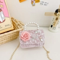 Bolso rosa de lentejuelas para niñas con asa de perlas, rosa y cadena dorada - Flor de Lentejuelas Rosas