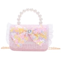 Pink lace girls' handbag with sequin bow, pearl handle and golden chain strap - Yellow Bowknot