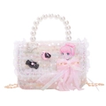 Pink tweed girls handbag with pearl handle, lace trim, and decorative ribbon bow - White Girl