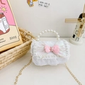 Mini white crossbody bag with pink bow, pearl handle, and gold chain for kids - White with Bowknot