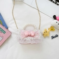 Pink mini crossbody bag for girls with lace ruffles, pearl handle, and large sequin bow - Pink Bowknot