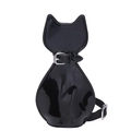 Detailed view of cat-shaped mini bag in glossy black patent leather with silver buckle - Black