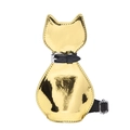 Detail of a mini gold metallic cat-shaped crossbody bag with a black buckle strap and belt - Gold