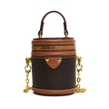 Kids mini cylinder crossbody bag in dark brown and caramel pebble leather with chain - Brown