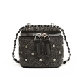 Mini donkergrijze denim vanity bag met ruitstiksel, zilveren studs en kettingriem - Zwart