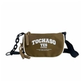 Brown semi-circle crossbody bag for kids with white lettering and thick black chain strap - Brown