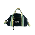 Black canvas crossbody bag with vibrant yellow white and green striped woven straps - Black