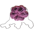 Pink metallic flower shaped crossbody bag with silver bead chain strap on white background - Hot Pink