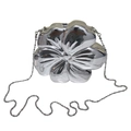 Silver flower shaped clutch bag with metallic mirror finish and beaded chain strap - Silver