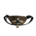 Dark brown canvas waist bag for kids featuring cream TOCASO embroidery and adjustable strap - Brown