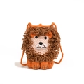Handmade knitted orange lion crossbody bag for kids with fluffy brown crochet mane detail - Vertical Orange