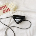 Glossy black patent leather triangle crossbody bag for kids with silver chain strap - Black