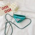 Glossy teal triangular mini crossbody bag with metallic chain strap for kids - Green