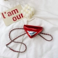 Kids mini triangular crossbody bag in bright red patent leather with silver chain strap - Red