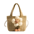 Handmade straw bag for kids featuring a large white flower and crossbody strap - Khaki Flower