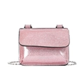 Pink glitter fashion crossbody bag for kids with silver chain strap and printed lettering - Pink