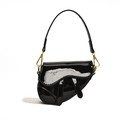 Girls black laser patent leather saddle bag with gold metal chain and glossy finish - Black
