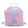 Rainbow gradient sequin girls backpack featuring 3D angel wings and pearl handle strap - Purple