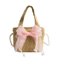 Kids straw tote bag in light khaki featuring a large pink organza bow and pearl charm - Khaki with Pink Bow