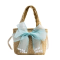 Handmade straw bag for kids featuring a large blue mesh bow and white pearl accents - Khaki with Blue Bow