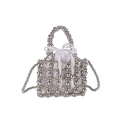 Silver beaded hollow handbag for girls with white satin drawstring liner and pearl chain - Silver