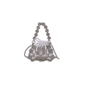 Kids silver beaded crossbody bag featuring a white drawstring liner and hollow mesh design - Silver