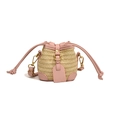 Kids mini straw bucket bag in pink and beige patchwork with adjustable shoulder strap - Pink
