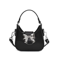 Fashionable black girls hobo bag with silver metal bow and adjustable strap - Black