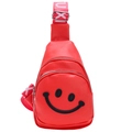 Mini red PU leather crossbody bag for kids featuring a large black smiley face print - Red