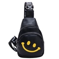 Kids mini black sling bag with yellow smiley face and lettered strap in PU leather - Black