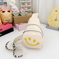Beige kids chest bag featuring yellow smiley face and FASHION letter strap - White